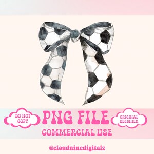 May include: A watercolor illustration of a black and white soccer ball bow. The bow is tied in a knot and the ends are flowing down. The background is a light pink and white gradient.