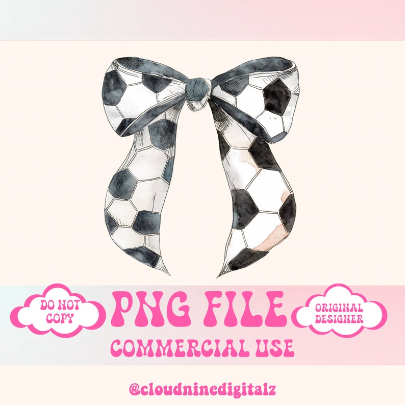 May include: A watercolor illustration of a black and white soccer ball bow. The bow is tied in a knot and the ends are flowing down. The background is a light pink and white gradient.