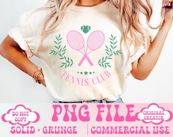May include: Cream-colored t-shirt featuring a pink tennis club graphic. The design includes crossed tennis rackets, a tennis ball, and the words "Tennis Club." Additional text at the bottom reads "PNG FILE" and "Commercial Use."