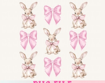 May include: Watercolor illustration featuring nine elements: three bunnies with pink polka dot bows, and six pink bows. The bunnies are light brown with long ears. The text "PNG FILE" is at the bottom.