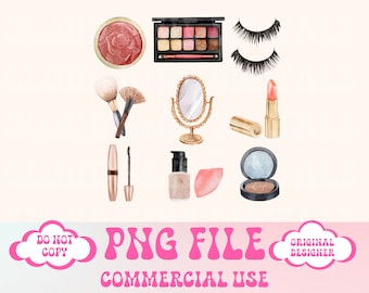 May include: A set of watercolor illustrations of makeup products, including eyeshadow palettes, blush, lipstick, mascara, foundation, brushes, and false eyelashes. The illustrations are in a pink and gold color scheme.
