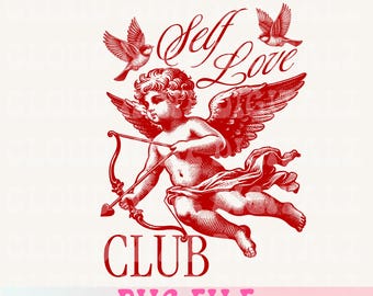 May include: Red illustration of a cupid with wings, holding a bow and arrow, with the text "Self Love Club" above and "PNG FILE" below.