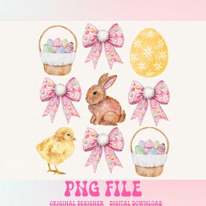 May include: A set of watercolor Easter illustrations featuring a basket of colorful eggs, a yellow egg with white flowers, a brown bunny, a yellow chick, and four pink bows with white polka dots and a white pom-pom in the center.