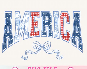 May include: A blue, red, and white graphic design of the word "AMERICA" with a blue bow underneath. The letters are decorated with floral, gingham, and polka dot patterns. The text "PNG FILE COMMERCIAL USE" is below the graphic.