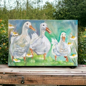 Farms Duck Gathering Art Print| Duck Wall Art| Duck Painting| Cute Duck Art| Three white duck| Countryside Art| Colourful Duck Art