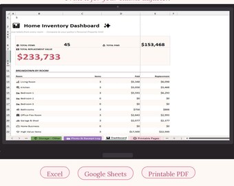 Home Bestands-Tracker Tabelle | Excel & Google Sheets | Druckbare PDF Sammelmappe | Versicherung Haus Ansprüche | Rosa Minimalistisch