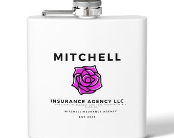 Peut inclure: Une gourde en acier inoxydable blanche avec un bouchon argenté. La gourde est ornée d'un motif de rose noire et rose et du texte "MITCHELL INSURANCE AGENCY LLC LIFE DISABILITY BUSINESS AUTO HOME FINANCIAL ESTATE PLANNING MITCHELLINSURANCE AGENCY EST 2015".