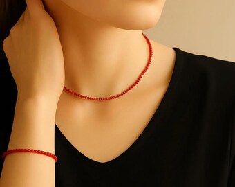 Red Coral Jewelry Set: Dainty Choker Necklace & Bracelet