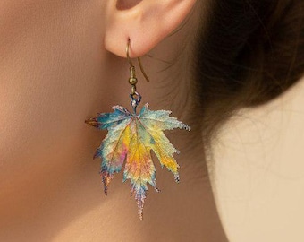 Fall Maple Leaf Earrings, Real Sugar & Red Maple Leaves, Iridescent Copper Nature Jewelry
