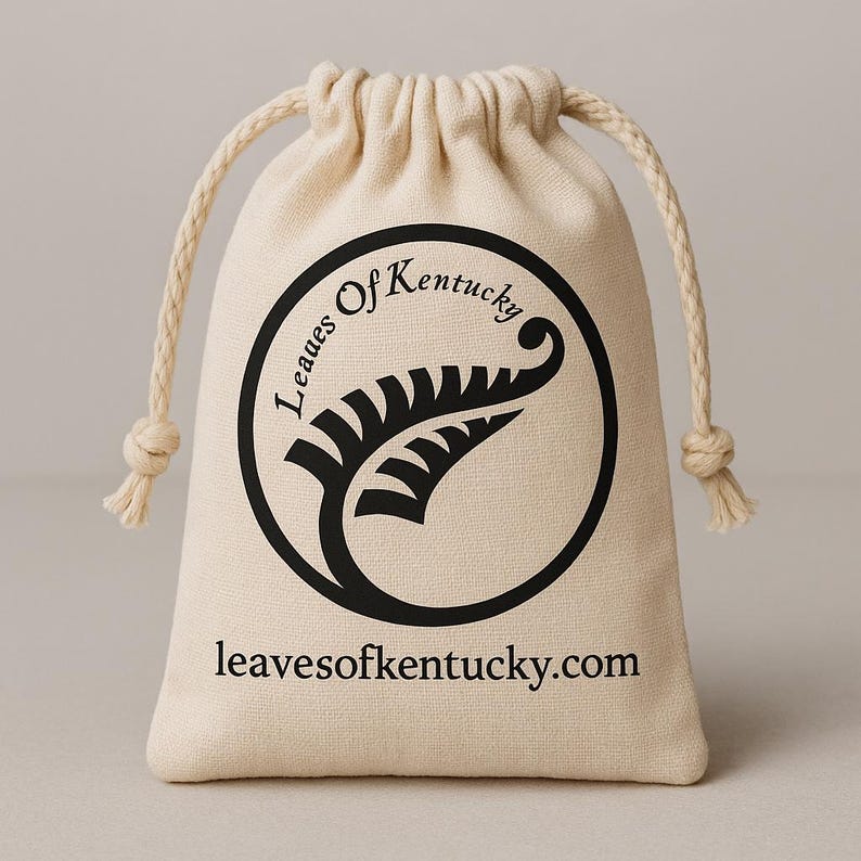 K&ouml;nnte beinhalten: Ein beigefarbener Baumwollbeutel mit Kordelzug, der ein schwarzes kreisf&ouml;rmiges Logo mit einer stilisierten Farnblattgrafik und dem Text Leaves Of Kentucky zeigt. Unter dem Logo ist der Text leavesofkentucky.com in einer schwarzen Serifenschrift.