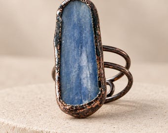 Large Blue Stone Ring, Copper Gemstone Ring, Adjustable Statement Boho Ring, Handmade Copper Jewelry, Raw Crystal Ring