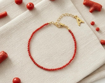 Red Coral Bracelet, October Birthstone Jewelry, Dainty Beaded Stacking Bracelet, Taurus Pisces Zodiac Gift for Her