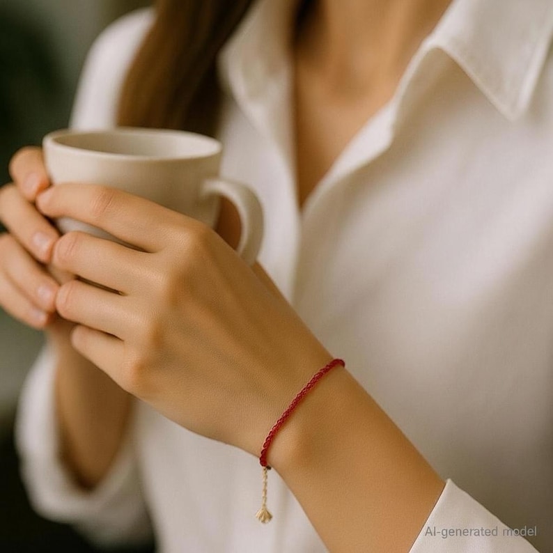 K&ouml;nnte beinhalten: Ein d&uuml;nnes, geflochtenes rotes Armband mit einer zarten goldfarbenen Kettenverl&auml;ngerung und einem kleinen h&auml;ngenden Anh&auml;nger. Das Armband wird am Handgelenk getragen und besticht durch ein schlichtes Design mit roter Kordel und metallischem Glanz.