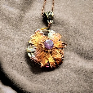 Electroformed Copper Daisy Jewelry Set, Real Flower Pendant Earrings, Purple Cubic Zirconia
