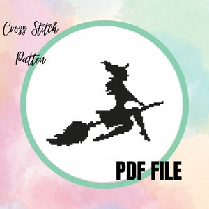 Cross Stitch Pattern | Silhouette Feminine Witch Flying on Broom | Downloadable PDF | Instant Download