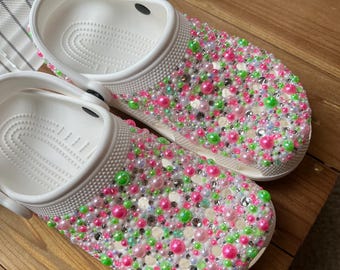 Pink and Green Rhinestoned Kid and Adult Crocs (PG-6)