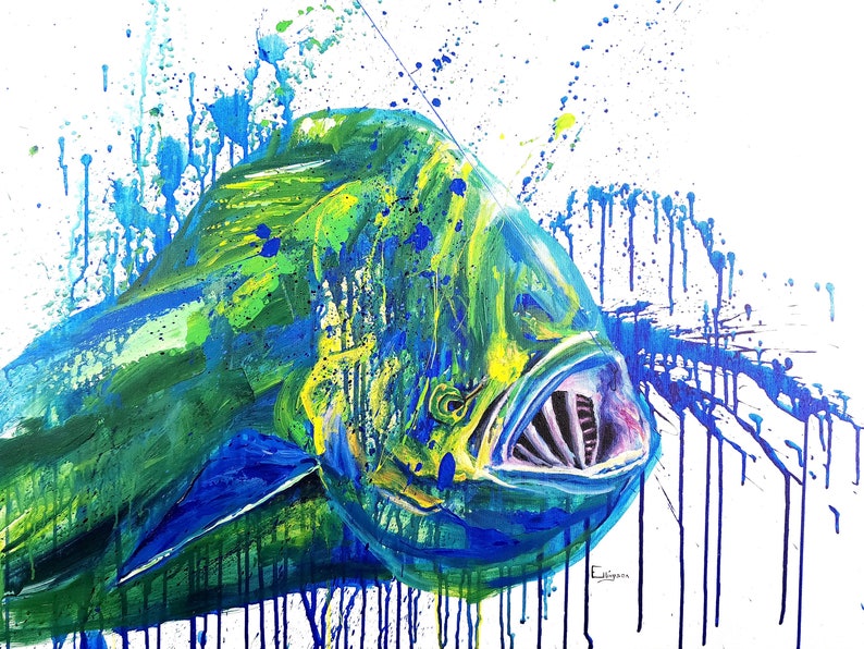 Panneau Mural Poisson Mahi Mahi – Bois Brossé Blanc – Déco île, Tiki Bar