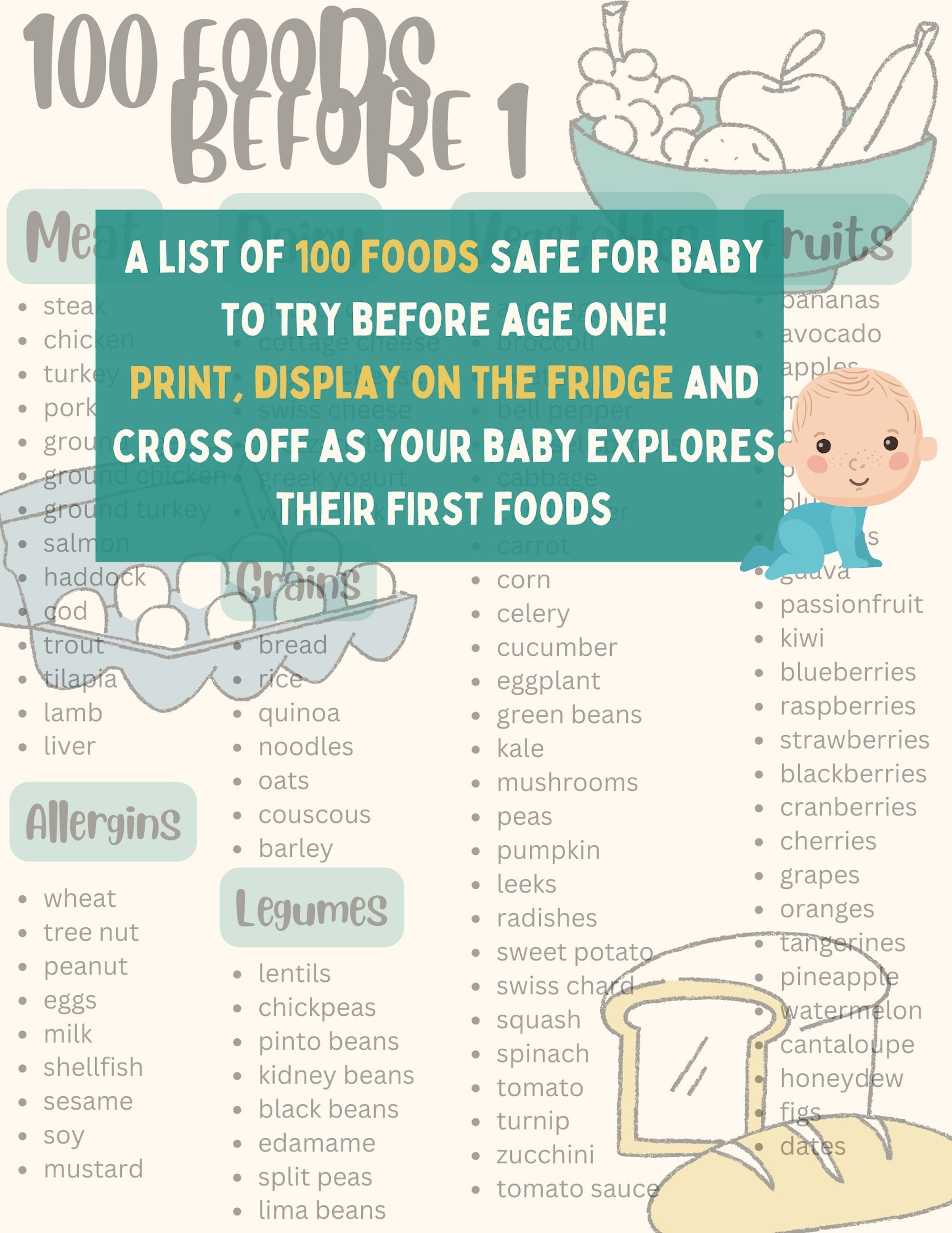 Printable Baby Food Chart: BLW, Purees, Finger Foods