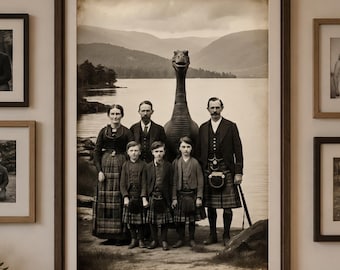 Vintage Loch Ness Monster Poster: Lustige schottische Familie Nessie Cryptid Foto, Schlüsselzoologie