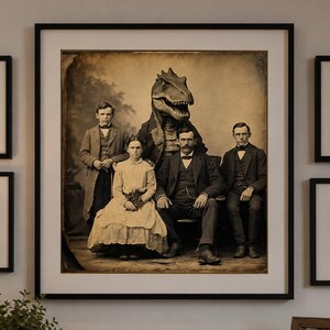 Fotoposter med bisarr dinosauriefamiljefoto: Vintage T-Rex-tryck, dinosauriekul