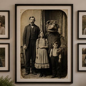 May include: A collection of framed family portraits and a dog portrait arranged on a wooden console table. The portraits feature black frames and various family members. A lamp, a bowl, books, and a vase with greenery complete the decor.