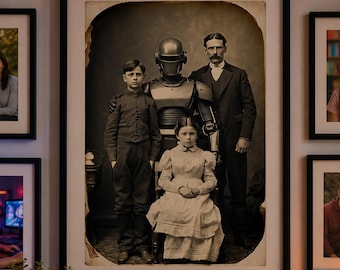 Surreal Robot Family Photo Poster: Vintage Style Wall Art, 1800s print