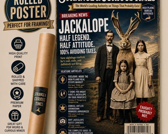 Jackalope Magazin Poster, Cryptid Wand Kunst, witzige Western Dekoration, Fabelwesen Geschenk
