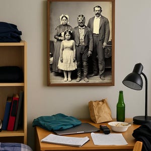 Lucha Libre Wrestler with family in 1800s Photo PDF PNG SVG Digital Art download graphic, Funny digital file, Vintage Mexican wrestler pic