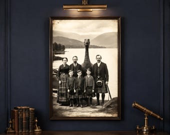 Poster van het monster van Loch Ness, Schots familieportret in vintage stijl, muurdecoratie met het Nessie-cryptidemotief.