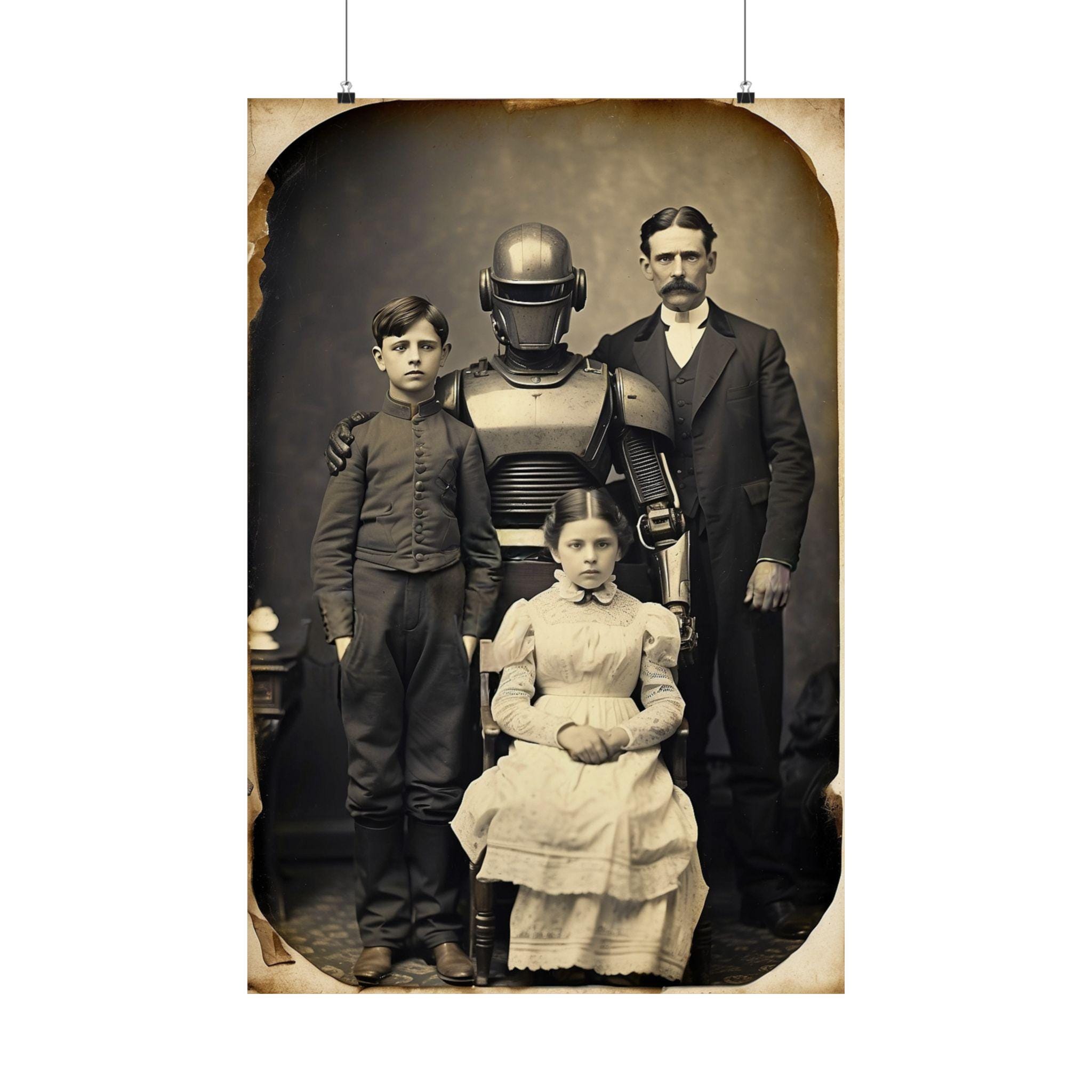 Póster con foto familiar de robot divertido: arte mural de estilo vintage