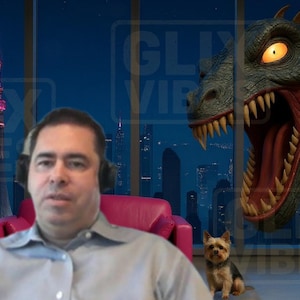 以下が含まれることがあります： ヘッドホンをつけた男性が赤い椅子に座り、小さな犬、大きな恐竜、窓から見える街並みがあります。背景には「GLIX VIBES」という文字が含まれています。