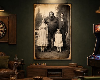 May include: A sepia-toned vintage-style wall poster featuring a family portrait of a man, a woman, a young girl, and a large gorilla standing together in a forest setting. The print has a distressed border and is displayed in a dark room.