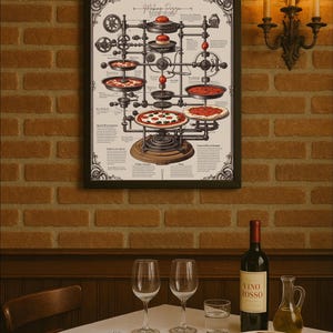 May include: A framed print depicting a whimsical diagram of a pizza-making machine hangs above a table set for a meal. A bottle of red wine, glasses, and a dish of food are on the table. The background is a brick wall with a sconce.