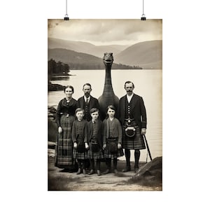 Poster 1800s Scottish Loch Ness Monster Funny Family Photo, Vintage Loch Ness Monster Scotland souvenir, antique pic, Nessie cryptozoology