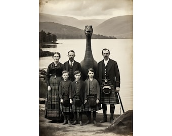 Póster vintage del monstruo del lago Ness: divertida foto familiar escocesa