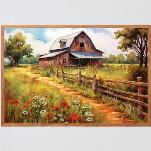 Old Barn Painting Print, Old Red Barn Watercolor Poster Farm Art Farmhouse Wall Art Country Living Artwork Wildflowers Old Wooden Fence