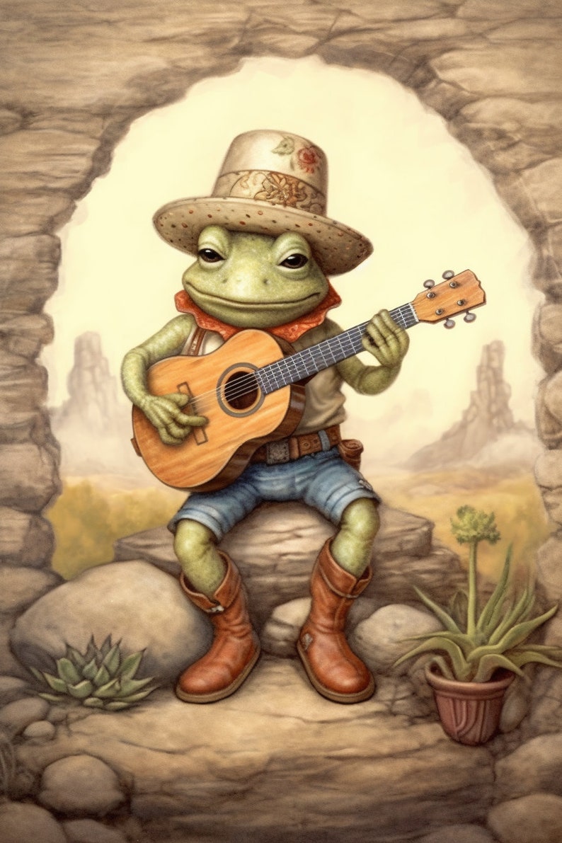 Cute Frog Poster Cowboy Frog Playing Guitar Poster Toad Wall Art Frog