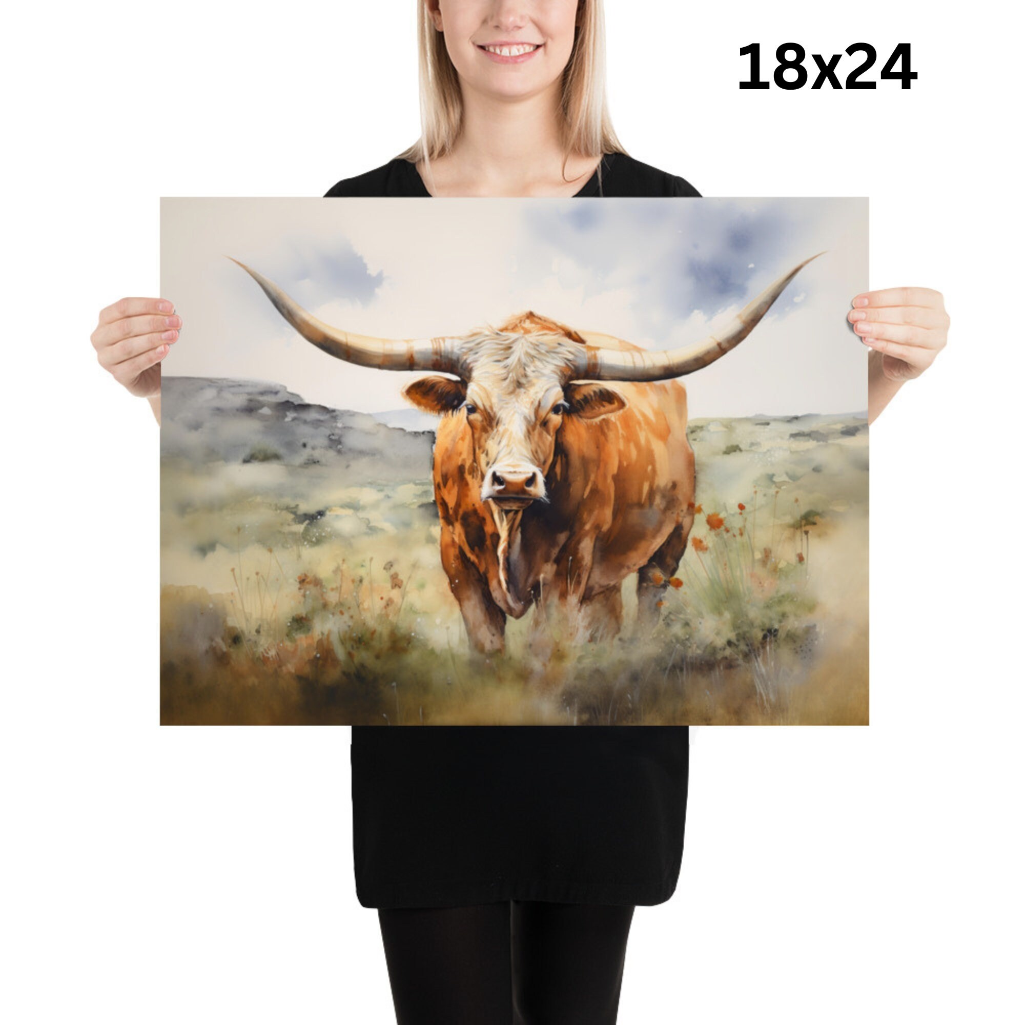 Longhorn Wall Art Longhorn Watercolor Art Print Longhorn Poster Texas