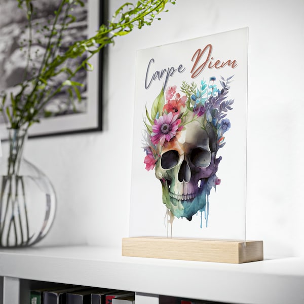 Carpe Diem | Totenkopf Dekoration | Acrylglas mit Holzstand