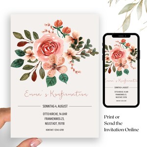 Rose Blumen Konfirmation Einladung | Boho eCard Taufe Einladung personalisiert mit details