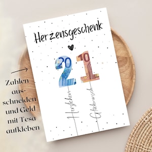 21e anniversaire | Cadeau en argent à coller sur soi Cadeau sincère avec des ballons comme poster ou carte d'anniversaire | Idée cadeau DIY