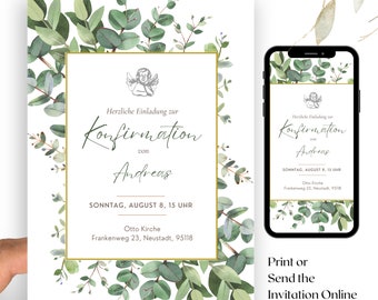 Eukalyptus Konfirmation|Kommunion Einladung | Boho eCard Taufe Einladung personalisiert mit details
