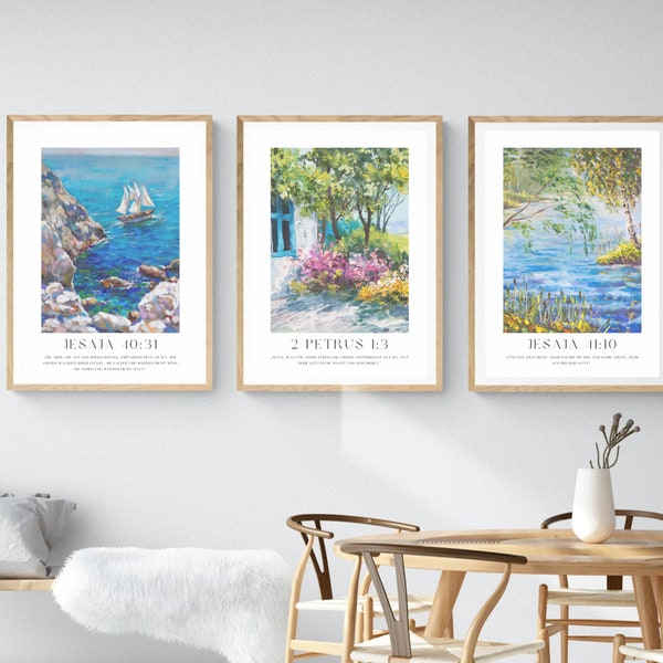 Christian Poster Set of 3 | Bible Prints with Oil Paintings and Inspirational Psalms