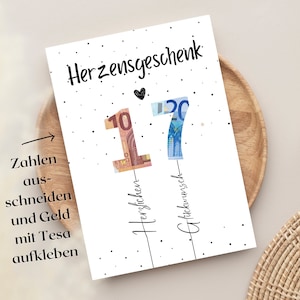 17e verjaardag | Geldcadeautje om zelf op te plakken Hartelijk cadeau met ballonnen als poster of verjaardagskaart | DIY-cadeau-idee