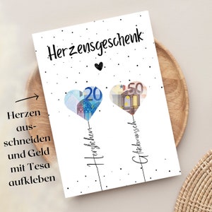 Geldgeschenk zum selbst ausdrucken | Herzensgeschenk mit Luftballons als Poster oder Geburtstagskarte | DIY Geschenkidee
