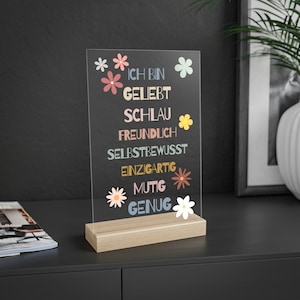 Affirmationen für Kinder, Selbstliebe Kinderzimmer, Positive Glaubenssätze Kind, Affirmations Acryl Glas mit Holzstand