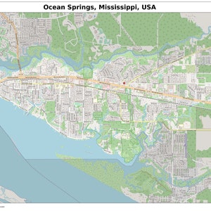 Ocean Springs, Mississippi kaart met straatlabels, digitale print poster, afdrukbare kaart, stadsstraat routekaart, verzamelkaart, moderne kaart