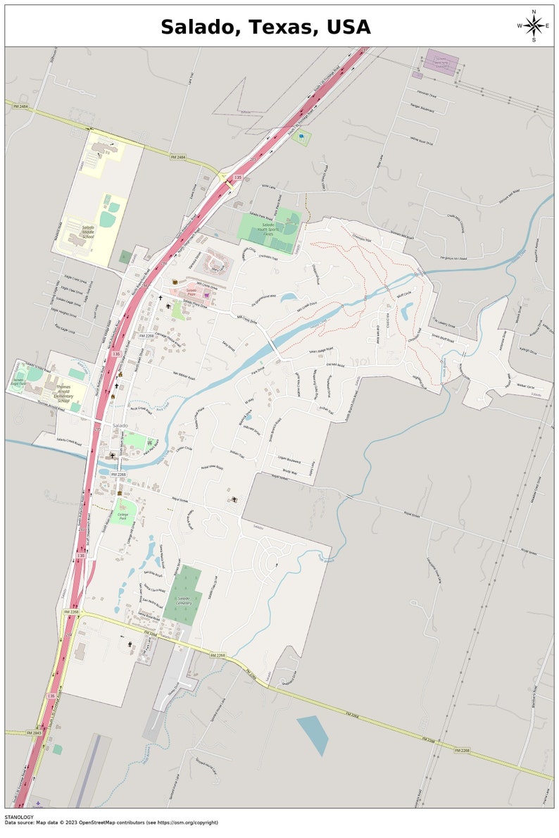 Salado, Texas Map With STREET LABELS, Digital Print Poster, Printable