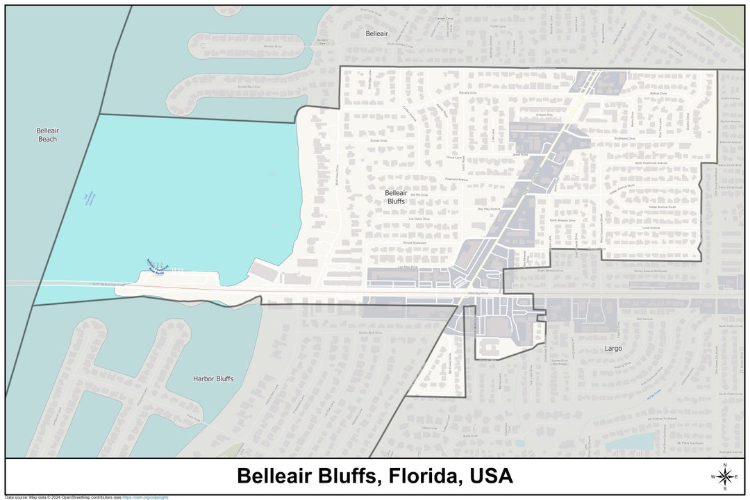 Belleair Bluffs Florida Street Map | Digital Print Poster, 36x24 Inch Printable Map, Wall Art ...