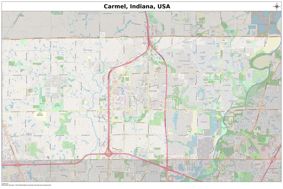 Carmel, Indiana Map, Digital Print Poster, Printable Map, City Street